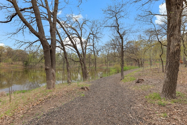 exterior space featuring a water view and a view of trees