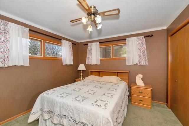 carpeted bedroom with baseboards, ornamental molding, ceiling fan, and a closet