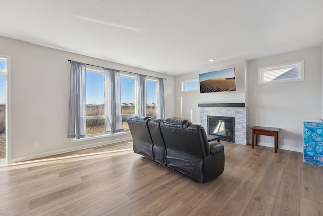 18357 Glacier Way, Lakeville, MN 55044 - living area with baseboards, a stone fireplace, and wood finished floors