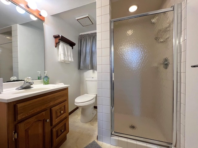 full bath featuring a shower stall, toilet, and vanity