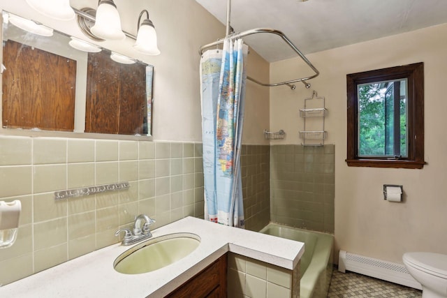 bathroom with tile walls, baseboard heating, vanity, toilet, and shower / bathtub combination with curtain