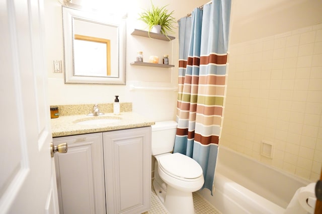 bathroom with toilet, shower / tub combo with curtain, tile patterned flooring, and vanity