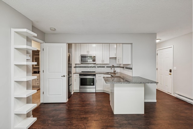 2110 Ridge Dr Unit 11, Saint Louis Park, MN 55416 - kitchen with stainless steel appliances, dark wood-type flooring, open shelves, stone counters, and backsplash