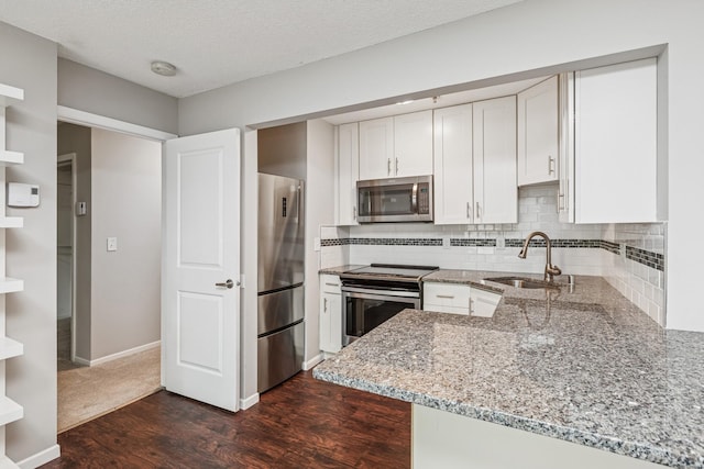2110 Ridge Dr Unit 11, Saint Louis Park, MN 55416 - kitchen featuring stainless steel appliances, a sink, light stone countertops, dark wood-type flooring, and tasteful backsplash