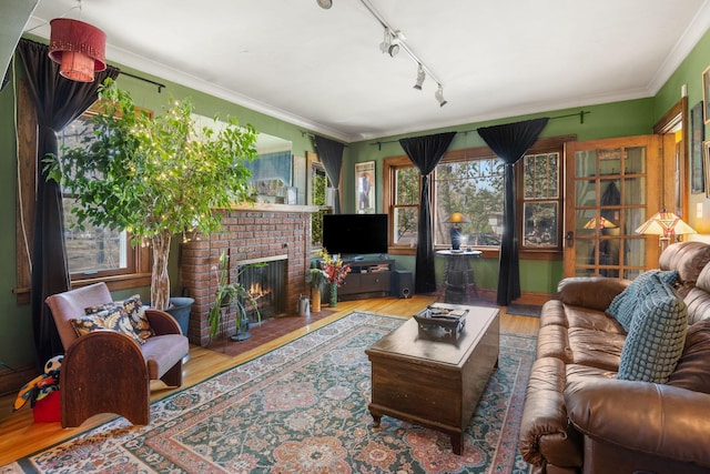 living room with track lighting, wood finished floors, a fireplace, and ornamental molding