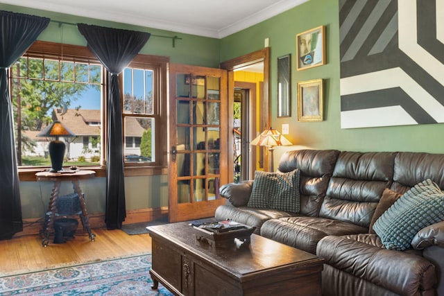 living room featuring wood finished floors, ornamental molding, and baseboards