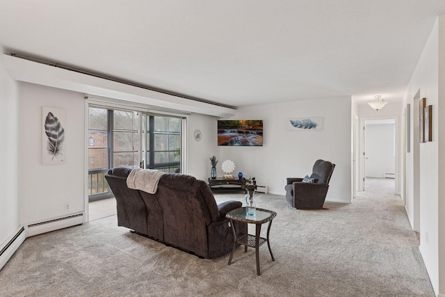 carpeted living room featuring a baseboard radiator