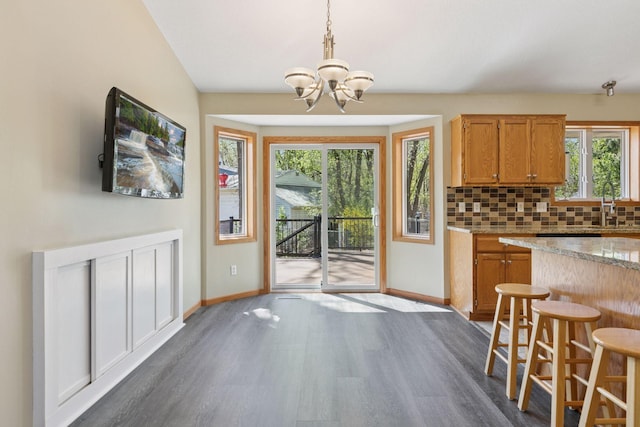 kitchen featuring baseboards, plenty of natural light, dark wood-type flooring, and a notable chandelier