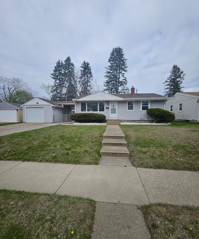 ranch-style house featuring concrete driveway, a garage, a chimney, and a front lawn