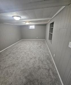 basement with wooden walls, baseboards, carpet, and built in shelves