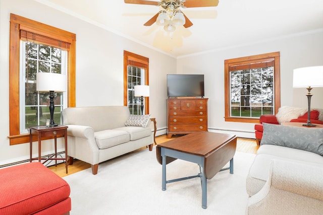 living room with crown molding, baseboard heating, and wood finished floors