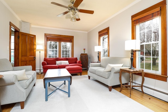 living area featuring ornamental molding and wood finished floors