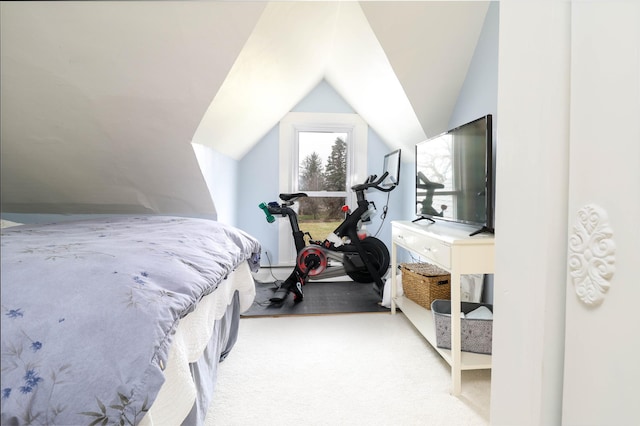 carpeted bedroom with lofted ceiling