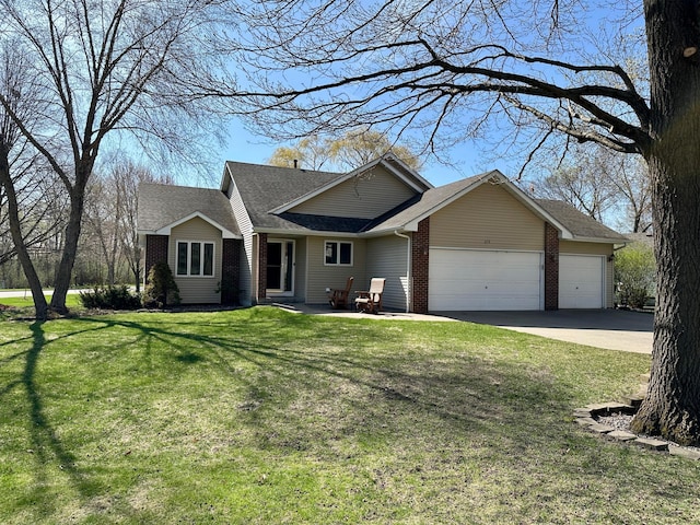single story home featuring concrete driveway, brick siding, a front yard, and a garage