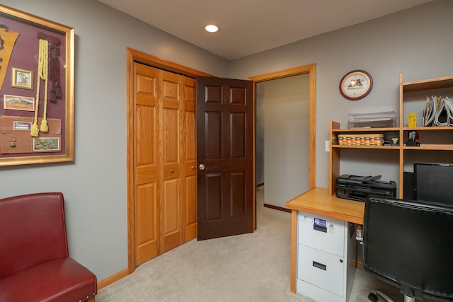 office featuring recessed lighting, baseboards, and light colored carpet