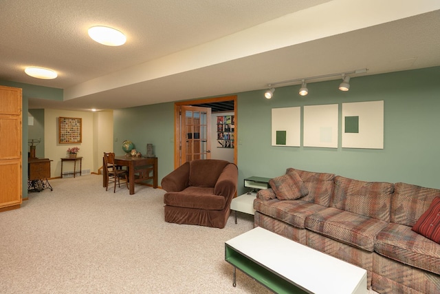 carpeted living room with rail lighting