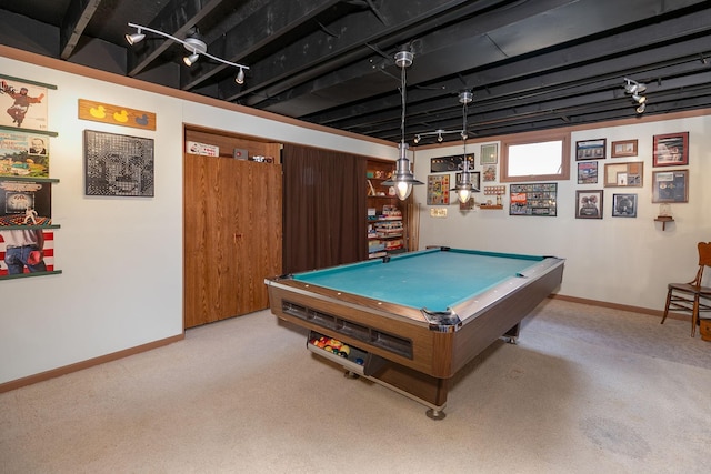 playroom featuring billiards, baseboards, and carpet floors