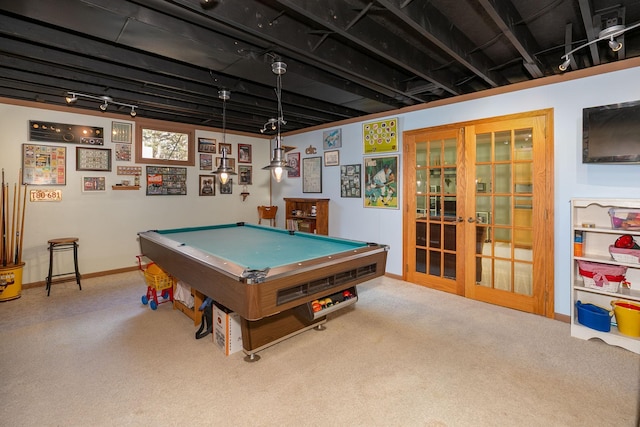 recreation room with carpet flooring, baseboards, billiards, and french doors