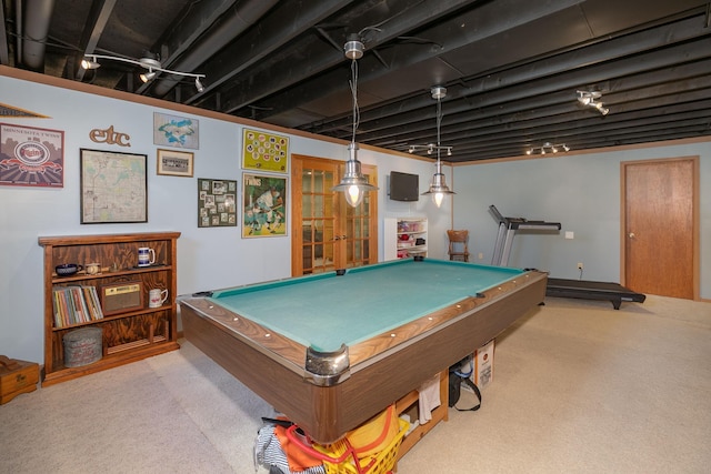 game room with carpet floors and pool table