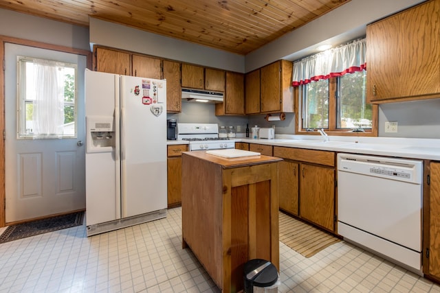 106 4th St, Cyrus, MN 56323 - kitchen with a sink, white appliances, under cabinet range hood, plenty of natural light, and wood ceiling