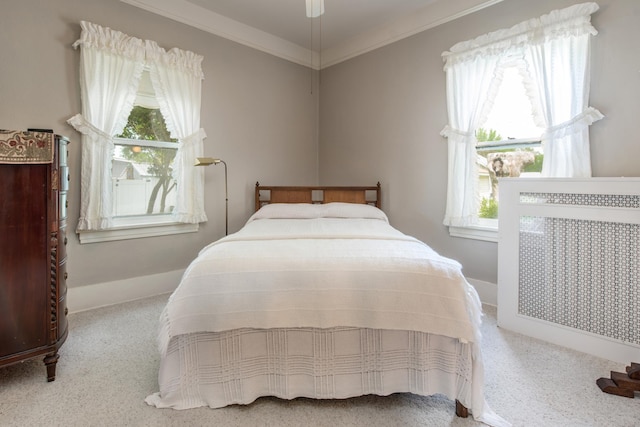 106 4th St, Cyrus, MN 56323 - carpeted bedroom with ornamental molding, baseboards, a ceiling fan, and multiple windows