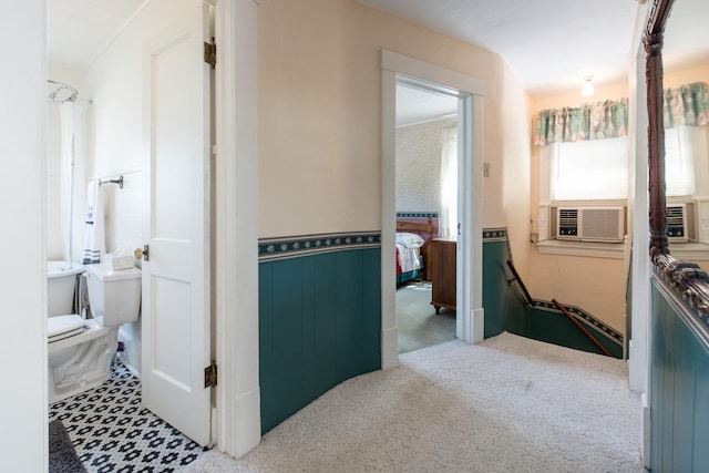 106 4th St, Cyrus, MN 56323 - corridor with cooling unit, carpet flooring, a wainscoted wall, and an upstairs landing