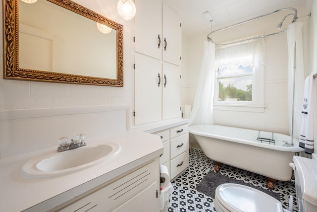 106 4th St, Cyrus, MN 56323 - full bathroom with toilet, vanity, a freestanding tub, and a shower with shower curtain
