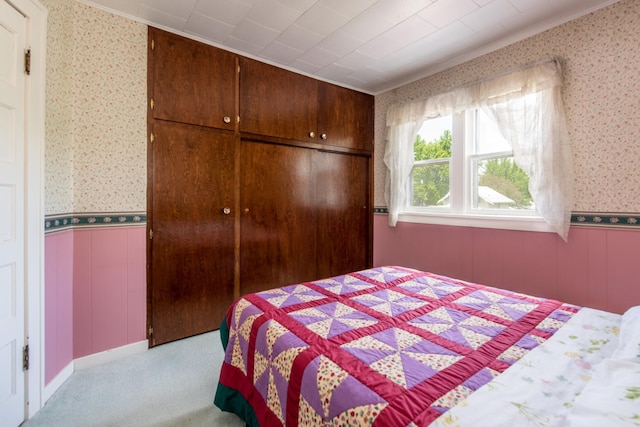 106 4th St, Cyrus, MN 56323 - bedroom featuring wallpapered walls, light carpet, a decorative wall, and wainscoting