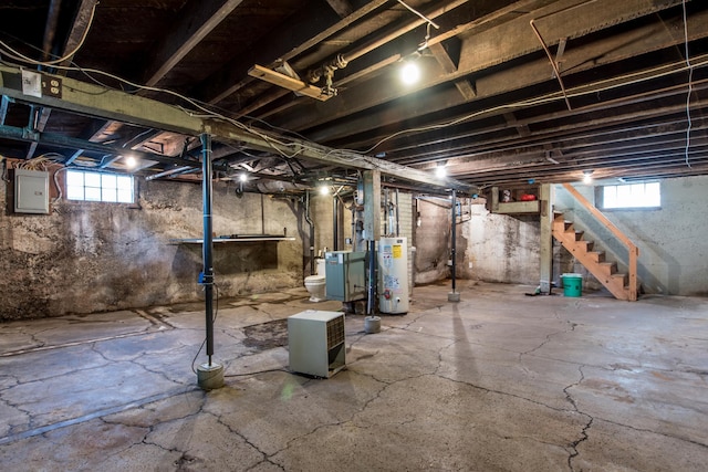 106 4th St, Cyrus, MN 56323 - basement with electric panel, water heater, and stairs