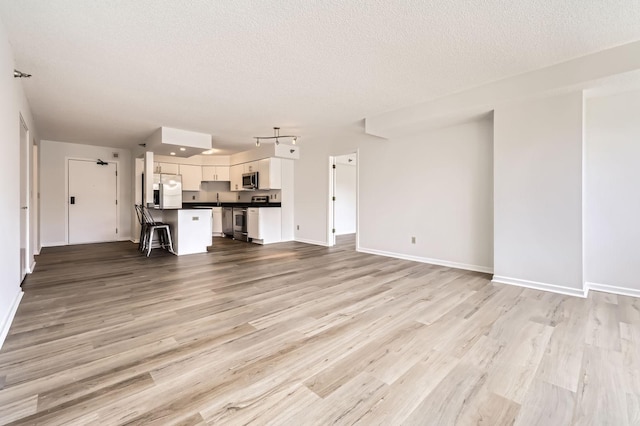 401 1st St Unit 414, Minneapolis, MN 55401 - unfurnished living room with a textured ceiling, light wood finished floors, baseboards, and a sink