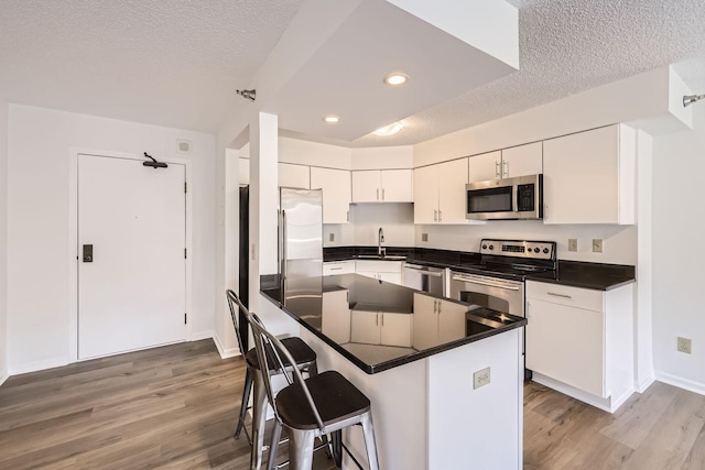 401 1st St Unit 414, Minneapolis, MN 55401 - kitchen with stainless steel appliances, a sink, wood finished floors, a textured ceiling, and recessed lighting