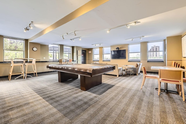 401 1st St Unit 414, Minneapolis, MN 55401 - recreation room featuring carpet flooring, rail lighting, billiards, and healthy amount of natural light