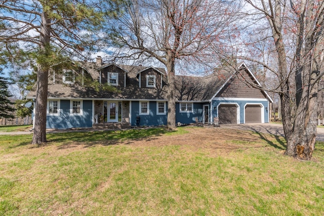 cape cod-style house featuring driveway, a chimney, a front lawn, and a garage