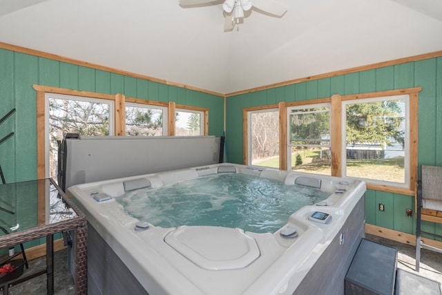 miscellaneous room featuring plenty of natural light, a jacuzzi, ceiling fan, and lofted ceiling