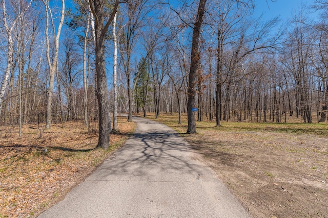 view of road featuring a wooded view