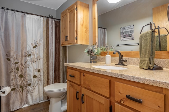 bathroom featuring vanity, toilet, wood finished floors, and a shower with shower curtain