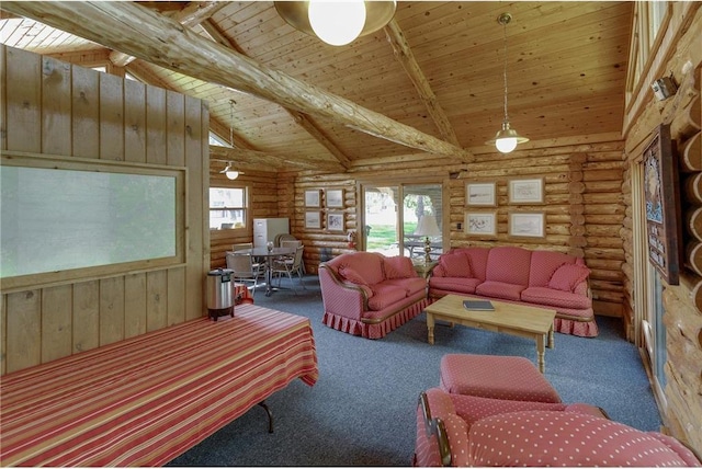 living room featuring log walls, beam ceiling, high vaulted ceiling, wooden ceiling, and carpet