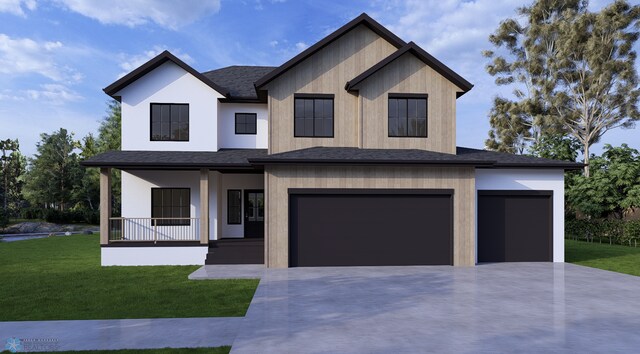 modern farmhouse with a porch, roof with shingles, a garage, a front lawn, and concrete driveway