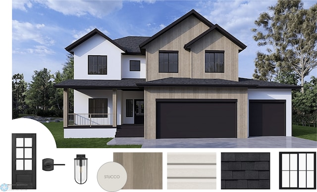 8147 Memory Ln, Horace, ND 58047 - modern farmhouse style home featuring a porch, driveway, a garage, a shingled roof, and a front yard
