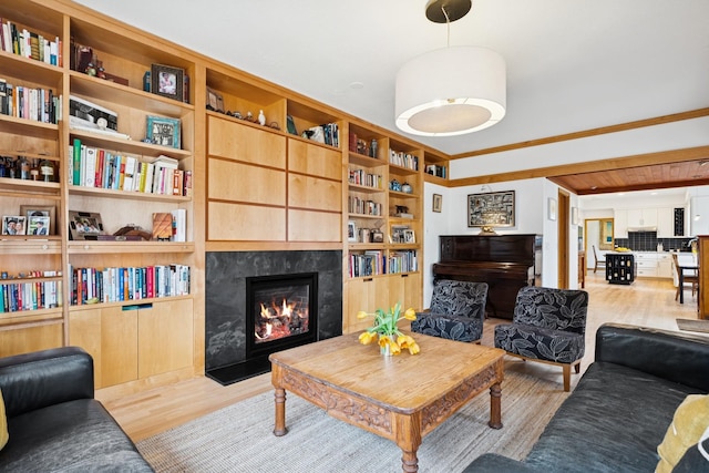 3412 Williamsburg Pkwy, Woodbury, MN 55129 - living area featuring crown molding, wood finished floors, and a fireplace