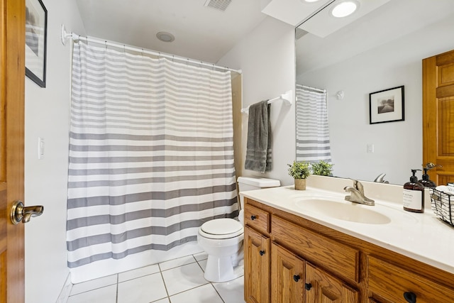 3412 Williamsburg Pkwy, Woodbury, MN 55129 - bathroom featuring vanity, toilet, tile patterned floors, a shower with curtain, and visible vents