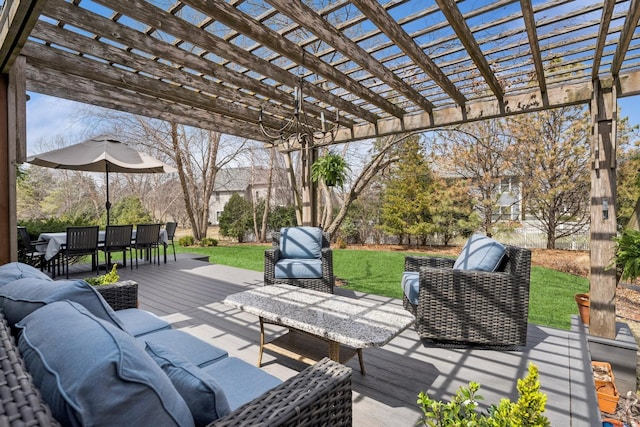 3412 Williamsburg Pkwy, Woodbury, MN 55129 - wooden deck featuring a yard, a pergola, an outdoor hangout area, and outdoor dining space