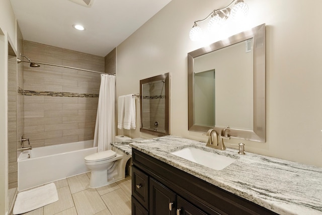 bathroom featuring recessed lighting, vanity, shower / bathtub combination with curtain, and toilet