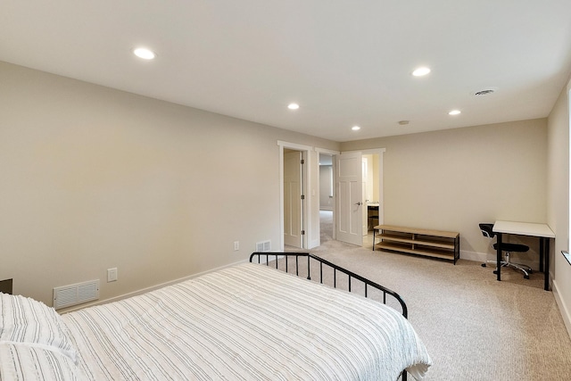 bedroom with visible vents, recessed lighting, and carpet flooring