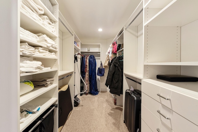 spacious closet featuring light colored carpet
