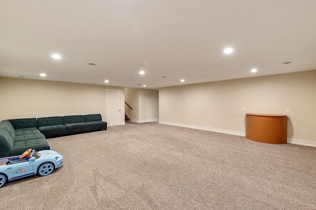 living room with stairway, baseboards, carpet, and recessed lighting