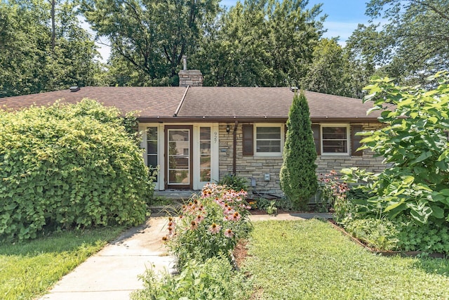 view of front of home with roof with shingles, a chimney, and stone siding