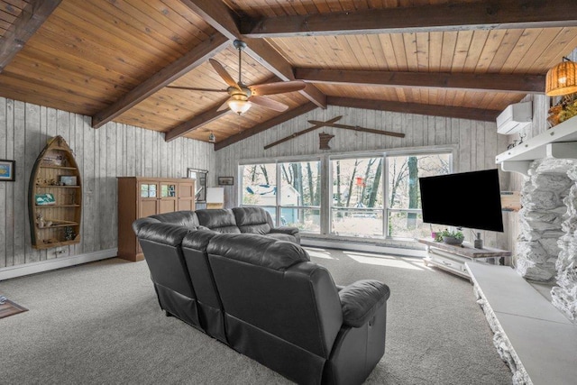 956 10th Ave SE, Forest Lake, MN 55025 - carpeted living room with a ceiling fan, wood ceiling, an AC wall unit, and wooden walls