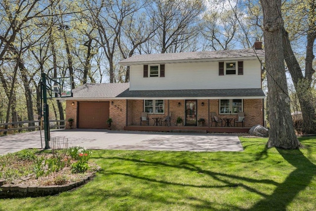 956 10th Ave SE, Forest Lake, MN 55025 - traditional home with covered porch, brick siding, an attached garage, and a chimney