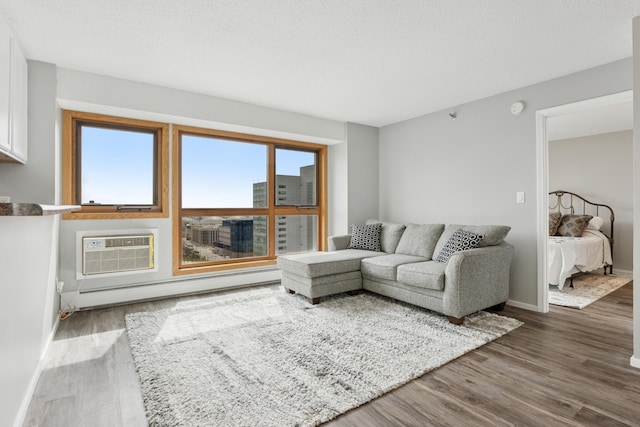 living room featuring wood finished floors, a wall unit AC, a wealth of natural light, and a baseboard radiator